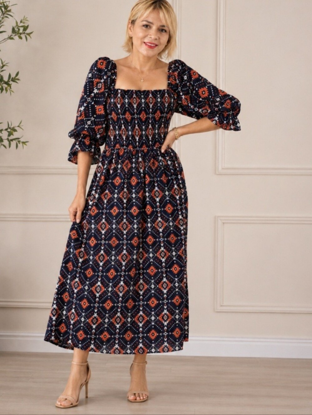 Navy and Orange Patterned Dress